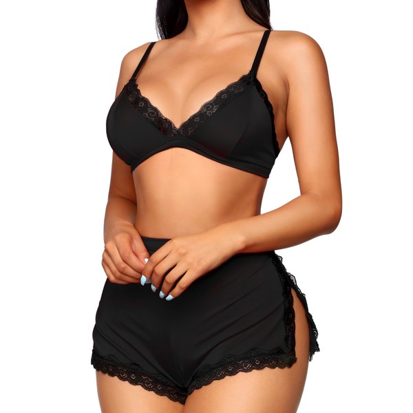 RSLOVE Women's Sexy Silk PJ Set Top and Shorts for Pyjamas and Sleepwear, 1 black