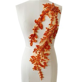 Handmade Shining Acrylic Rhinestones on lace Applique Sewing Beads Stones Trim Patches Accessories for Wedding Dress (Orange)