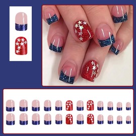 24Pcs 4th of July Nails French Tip Press on Nails Short Square Independence Day Fake Nails with Glitter Star Design Patriotic Glue on Nails Blue French Tips False Nails Full Cover Manicure for Women