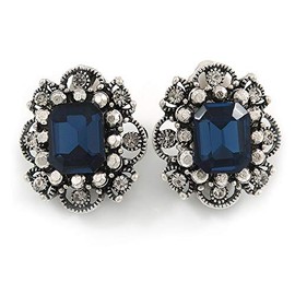 Vintage Inspired Square Midnight Blue/Clear Crystal Clip On Earrings In Aged Silver Tone - 20mm Tall