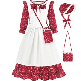 Aoiviss Pioneer Girls Dress Floral Colonial Prairie Costumes for Little Kids with Apron and Bonnet, Dark Red