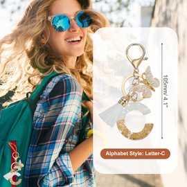 sourcing map Initial Letter Keychain, Cute Tassel Butterfly Keychain Alphabet C Letter Charm for Women Girls Key Purse Handbag Backpack (Gold Tone/White, Pack of 1)