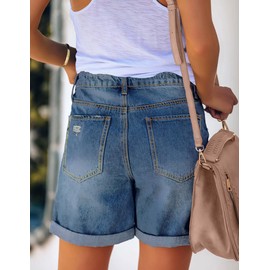 Roskiky Ripped Jeans Women's High Rise Distressed Rolled Hem Jeans Shorts, After dusk blue, XXL