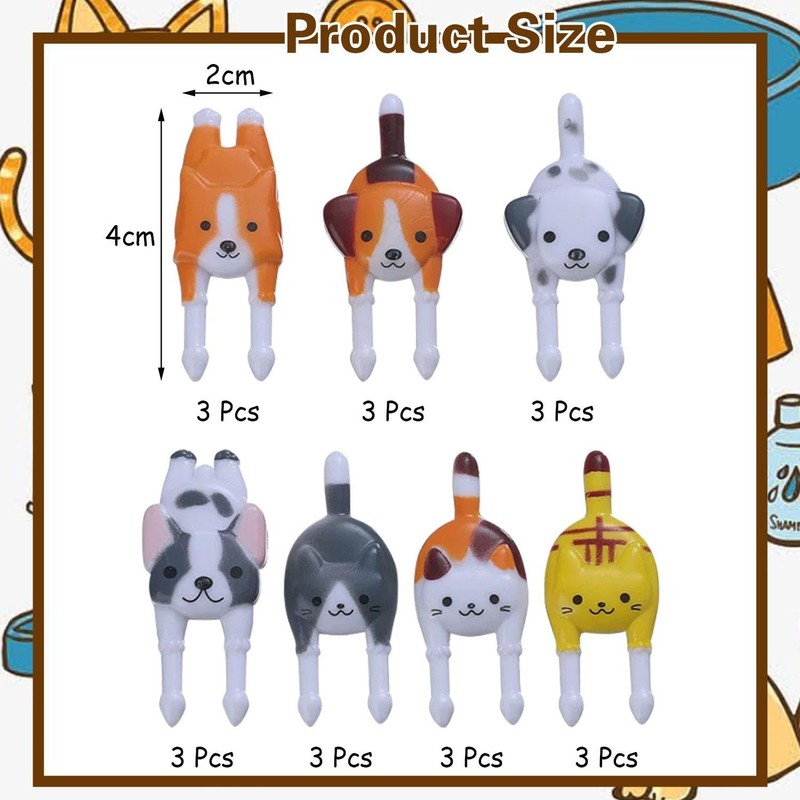 21 Pieces Kitten and Puppy Fruit Forks, Cute Cartoon Fruit