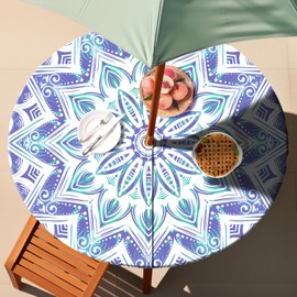 Jobunai Circular Fitted Outdoor Tablecloth with Umbrella Hole and Zipper Weather Proof Picnic Table Clothes Car Road Trip Kit Outside Housewarming Gifts for Fathers Mothers Friendship Who Want Nothing