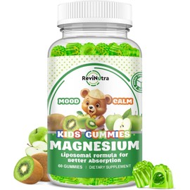 Liposomal Kids Magnesium Gummies – Glycinate with Omega-3, Vitamin B6 & D3 – Calm, Stress Relief, Bone & Mood Support – Green Apple Kiwi Flavor – 60 Count