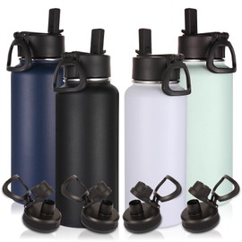 Volhoply 32 oz Insulated Water Bottles Bulk 4 Pack with Straw Lid & Spout Lid,Stainless Steel Sports Water Bottle,Double Wall Vacuum Thermos,Leakproof Wide Mouth Metal Flask for Hiking,Camping(Mix,4)
