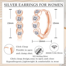 Josfeva 925 Sterling Silver Heart Shape Hoop Earrings, Rose Gold Hoop Earrings for Women, Small Hoops Earring with Zirconia for Girls, Hypoallergenic Sleeping Cartilage Ear Jewellery with Present Box