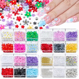 4 Boxes 3D Flower Nail Charms and Gems - Colorful Nail Flower Charms Crystal AB Clear Gemstones Silver/Gold Caviar Beads White/AB Pearls for Women DIY Manicure Crafts (22-S4-Colorful2)