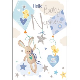 New Baby Nephew Congratulations Card - Bunny Rabbit and Ducklings - Special Finishes and Illustrated Insert Leaf - Made in the UK