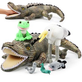 Leyndo 6 in 1 Alligator Plush Toy Set Large Crocodile Stuffed Animals Hold Plush Frog Water Bird Fish Shrimp, Interactive Educational Food Chain Toys for Kids Students Gift Birthday(Cool Style)