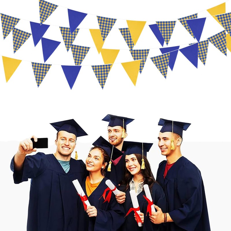 Zwiebeco 39Ft Blue Yellow Plaid Checkered Fabric Bunting Banner Triangle