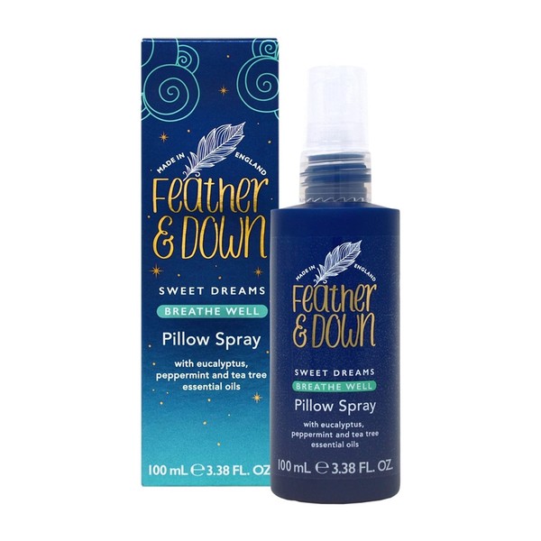 Feather & Down Breathe Well Pillow Spray (100ml) - Soothes and aids Breathing, with Eucalyptus, Peppermint & Tea Tree Essential Oils. Vegan Friendly & Cruelty Free.
