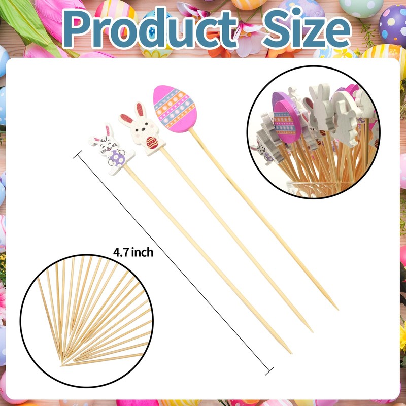 100PCS Easter Cocktail Picks 4.7 Inch, Easter Bunny Egg Decorative