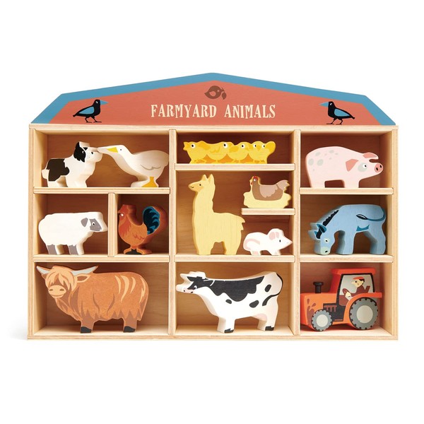 Tender Leaf Toys Farmyard Animals “ 13 Wooden Country Farm Figurines with a Display Shelf - Classic Toy for Pretend Play “ Develops Creative & Imaginative Skills “ Learning Role Play “ Ages 3+ Years