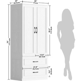 LIKIMIO Armoire Wardrobe Closet with 2 Doors and 2 Drawers 70" H x 20" D Wooden Bedroom Freestanding Wardrobe Combination for Hanging Clothes, White