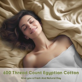 SONORO KATE 100% Egyptian Cotton Sheets Queen Size - 600 Thread Count, Luxury Hotel Quality Bedding Set, Soft Cooling Sateen Weave Bed Sheet Sets, 16" Deep Pocket - 4 PC(Beige,Queen)