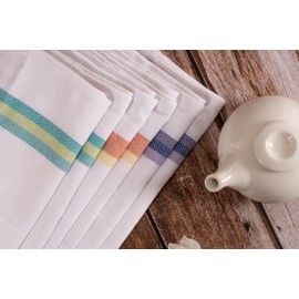 Pagnanno. Tea Towels, Soft and Absorbent – Multi Pack of Large Classic Herringbone Weave, Lint Free, Cotton Kitchen Dish Towels 45x70 cm in White with blue, green and orange stripes (Assorted, 6)