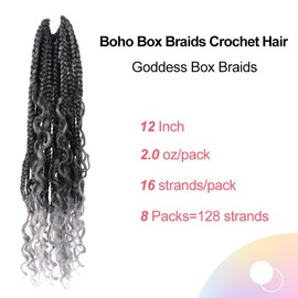 Niseyo Goddess Box Braids Crochet Hair 12 Inch 8 Packs Short Crochet Box Braids Pre Looped Curly Ends Gray Boho Style Synthetic Hair (Tgrey/Ombre Grey)