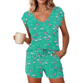 Ekouaer Short Pajama Set for Women Matching Lounge Set Loose Casual Cap Sleeve Top and Shorts Summer Pjs Set,Green Flamingo,XL