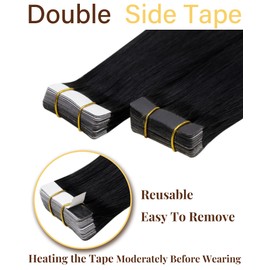 Hetto Tape Extensions Real Hair 55 cm Black Hair Extensions Tape in Real Hair Remy Tape in Extensions Real Hair Black #1 50 g Human Hair