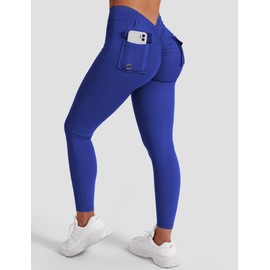 VOYJOY Leggings with Pockets for Women V Back Butt Lifting Workout Legging Gym High Waist Yoga Pants Elastic Tights Royal Blue M