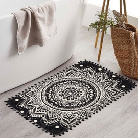 KIMODE Washable Bath Mat 60 x 90cm, Non Slip Door Mats Indoor, Small Mandala Boho Rug Machine Washable Rugs Living Room with Pom Pom Fringe Area Rugs Entry Floor Rugs for Bedroom (Black)