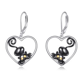 POPLYKE Black Cat Drop Dangle Earrings 925 Sterling Silver Lever Back Cat Jewelry for Girls Women Christmas Gifts (Heart)