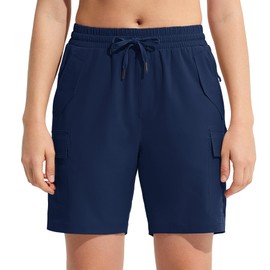MOCOLY Womens Hiking Cargo Shorts 8" Quick Dry Lightweight Golf Shorts for Camping Travel Athletic with Zipper Pockets Navy 2XL