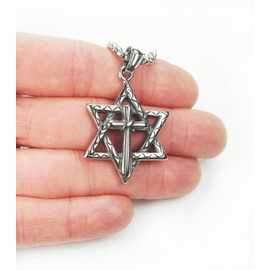 Cross in Star of David Necklace, Pendant on 24" Box Chain, Waterproof Stainless Steel Jewish Christian Gift Messianic Judaism