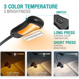Vekkia/LuminoLite Rechargeable Amber Book Light, Clip on Lights for Reading in Bed, 3 Brightness × 3 Color Temperature, 2.1 oz Lightweight, 70 Hrs Reading, Perfect for Readers & Kids (Black)