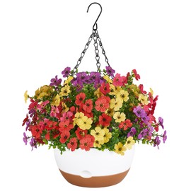 Mkono Artificial Hanging Flowers for Outdoor Decor with 10 Inch Hanging Planters, Macrame Plant Hangers with Self Watering Pots 2 Kinds of Hanging Basket for Garden Porch Home Patio Balcony Yard
