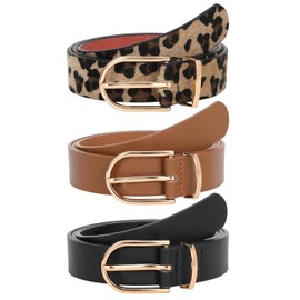 JASGOOD 3 Pack Women’s Leather Belts for Jeans Pants Fashion Ladies Belt with Gold Buckle C-Black+Brown+Leopard