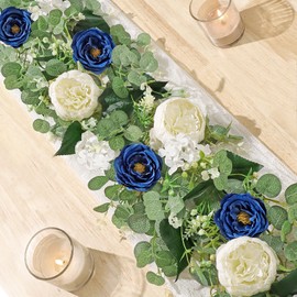 Betylifoy 2 Pack 12Ft Blue White Flower Garland Artificial Eucalyptus Flower Garlands Fake Peony Rose Floral Vines Hanging Flowers Faux Greenery Garland for Wedding Party Table Backdrop Home Decor