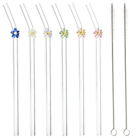 Kichvoe 6pcs Glass Straws with Design Flower Glass Straws Reusable Drinking Straws Juice Straws with 2 Brushes for Home Party