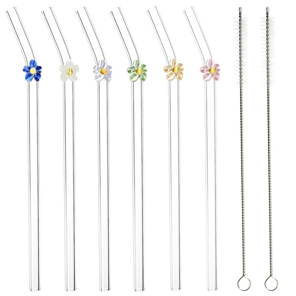 Kichvoe 6pcs Glass Straws with Design Flower Glass Straws Reusable