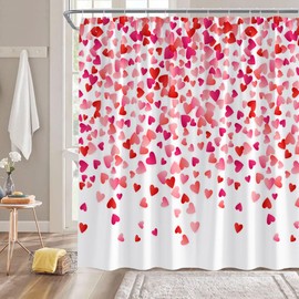 Valentine's Day Shower Curtain Red Pink Heart Falling Sweet Love Romantic Watercolor Fabric Curtain with Hooks for Bathroom Decor,70x70 Inch