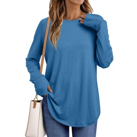 AUTOMET Womens Long Sleeve Shirts Crew Neck Casual Tshirts Fall Fashion Tops Loose Fit Lightweight Y2k Outfits Clothes Blue XL