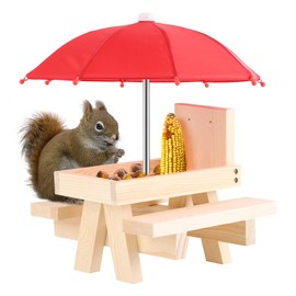 Ruiqas Wooden Squirrel Feeder Nut Box Compartment Funny Squirrel Feeding House with An Umbrella for Garden Yard Tree