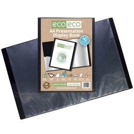 eco-eco A4 Size 50% Recycled 40 Pocket Black Presentation Display Book, Storage Case Portfolio Art Folder with Plastic Sleeves, eco004