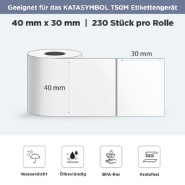 SUPVAN Katasymbol T50M Label Tape Paper, Waterproof Labels for Home, School, Office, 40 mm x 30 mm, 230 Labels/Roll (Transparent)