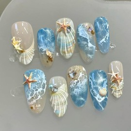 30 uñas postizas de verano para playa, estilo almendra, estilo francés, con diseño de concha de océano, acrílicas, con pegamento 3D para manicura de o