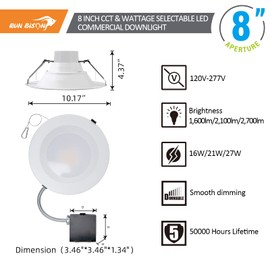 8 Inch Recessed LED Commercial Downlight with J-Box, Wattage Adjustable 16/21/27W,3 Color Selectable 3000K-5000K, 120-277V,0-10V Dimmable, IC Rated,Canless LED Downlight,UL & Energy Star