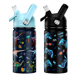 ACESAK 14oz Kids Insulated Water Bottle with Straw Lid - 18/8 Stainless Steel Kid Cup Travel Tumbler Double Wall Vacuum Leak Proof Portable Toddler Water Bottle (Game + Dinosaur)