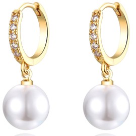 MASOP Pearl Hoop Earrings Silver 925 / Gold Earrings Pearls Gold-Plated for Women Girls, Pearl, Pearl, zirconia