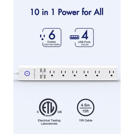15 Ft Power Strip Surge Protector, 6 Outlets and 4 USB Ports, Flat Plug Power Strips Long Extension Cord with Overload Protection, Wall Mount for Home, Office, Dorm, ETL Listed White