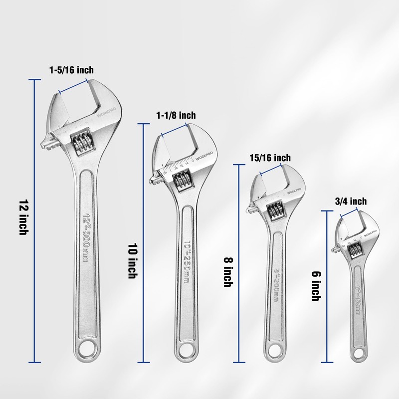 WORKPRO 4-piece Adjustable Wrench Set, Forged, Heat Treated, Chrome-plated (6-inch,