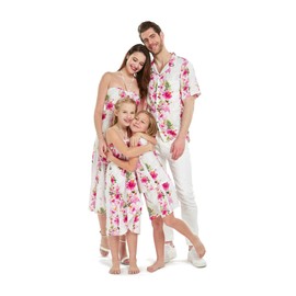 Matchable Family Hawaiian Luau Shirts, Pink Hibiscus Vine White, Men, X-Large