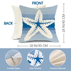 Fjfz Blue Nautical Decorative Throw Pillow Covers 18 x 18 Set of 4, Beach Coastal Anchor Helm Starfish Shell Navigation Porch Outdoor Home Decor, Sea Ocean Stripes Couch Cushion Case