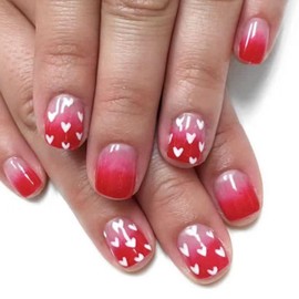 Short Square Press on Nails Valentine's Day Nails Press ons Red Gradient Fake Nails with White Heart Design Glue on Nails White transparent False Nails Glossy Valentines Nails for Girls 24Pcs
